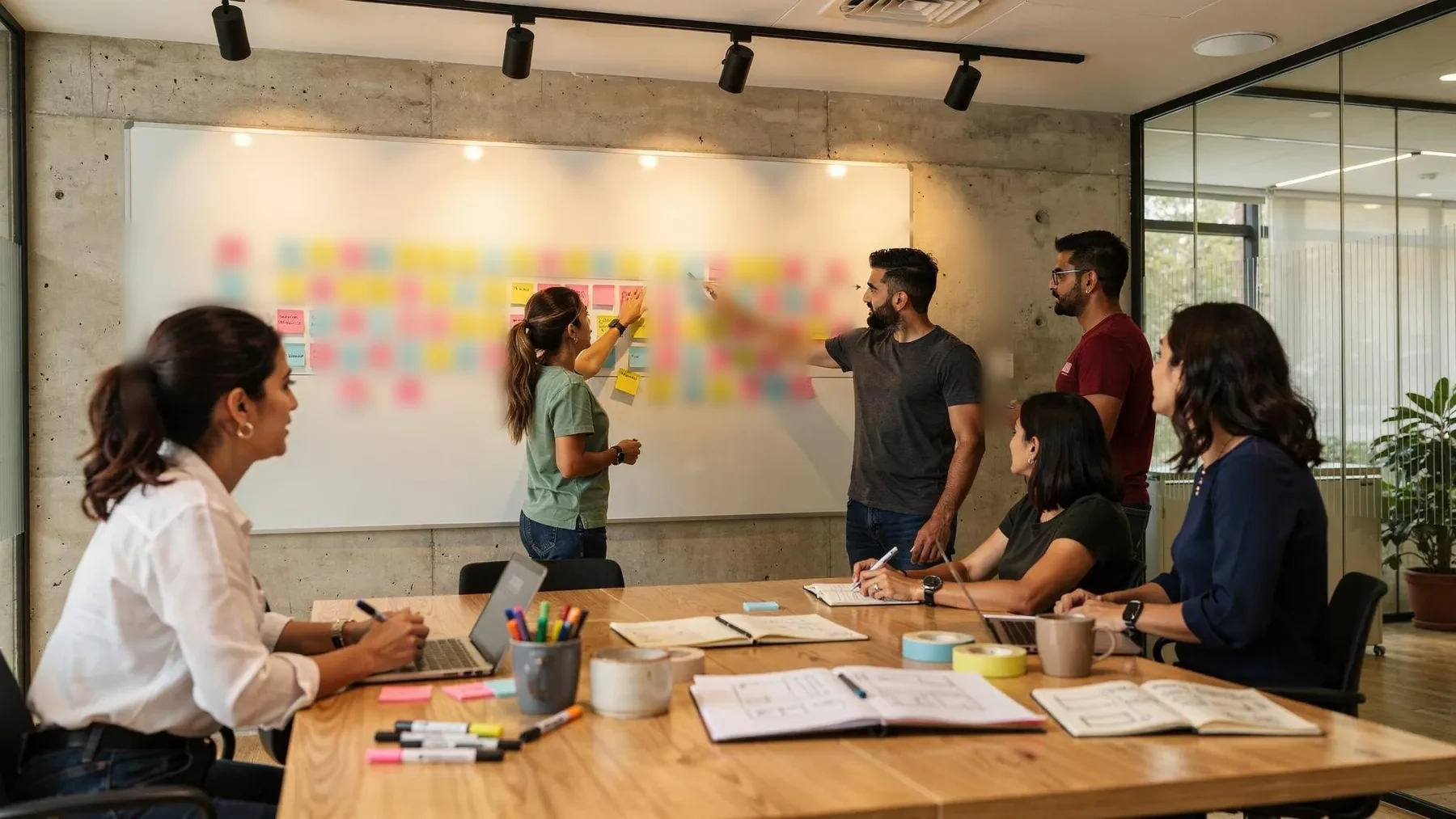 Equipo de trabajo conversando de pie en una sala de juntas