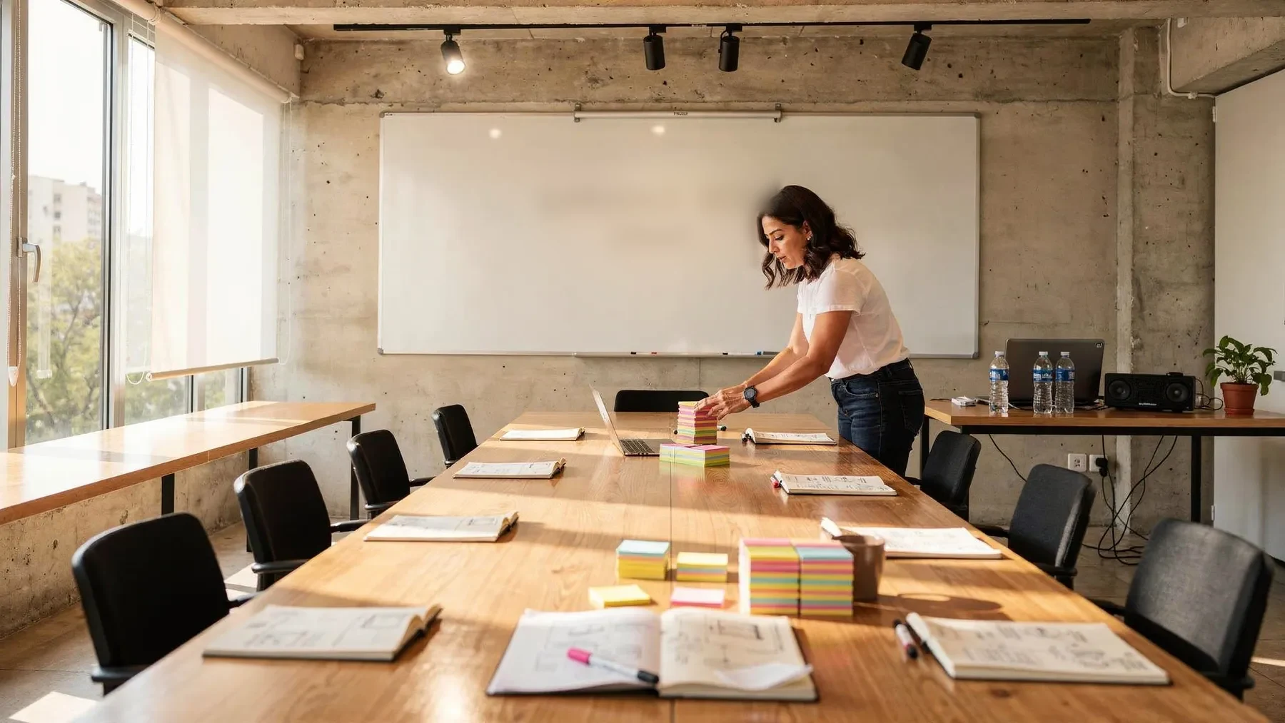 Mesa de trabajo preparada para un taller con materiales impresos