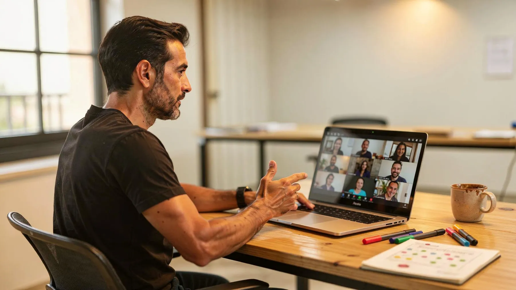 Persona trabajando en una sesión en línea frente a su laptop