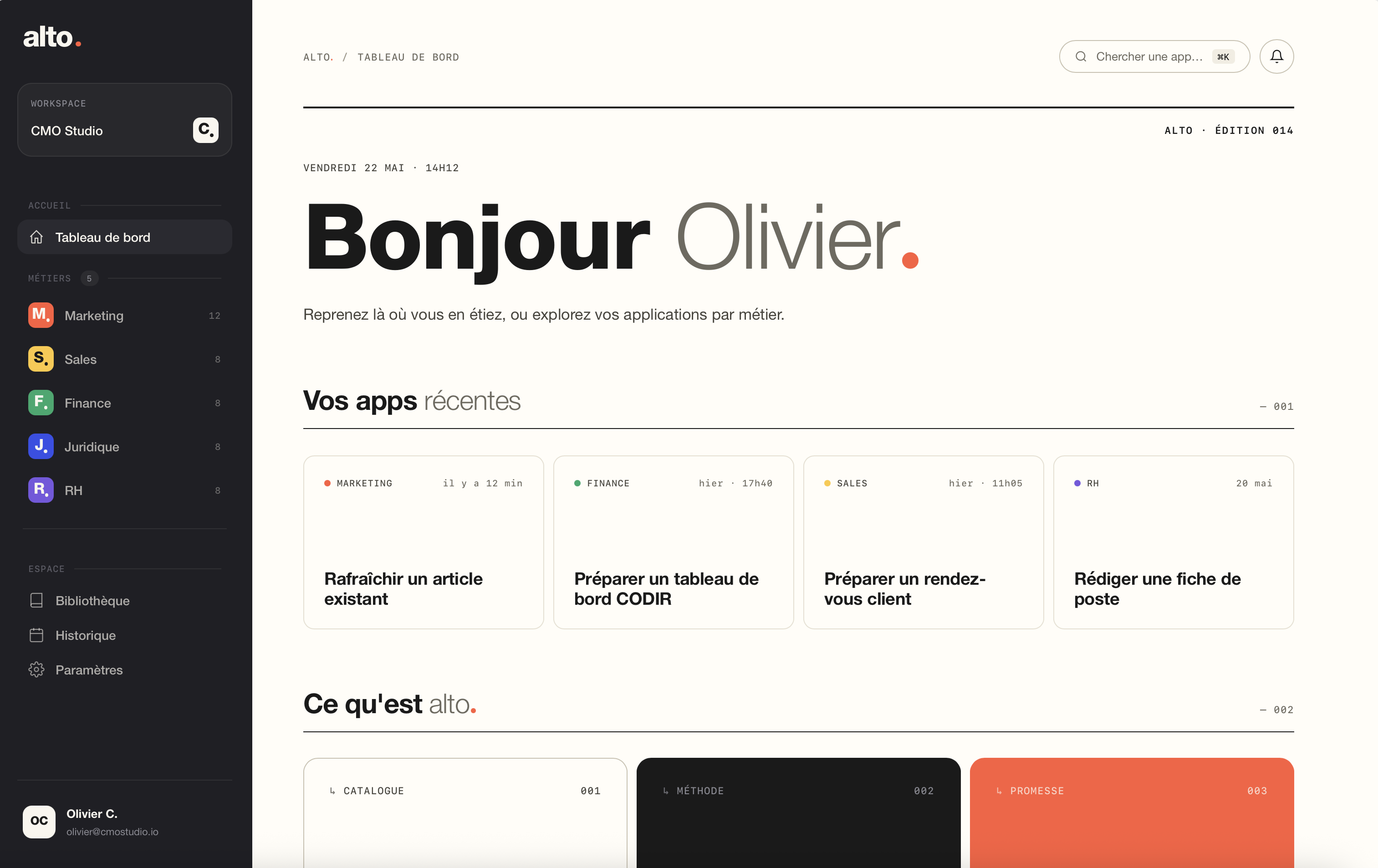 Tableau de bord d'ALTO, l'espace de travail des applications métiers, avec les applications classées par métier