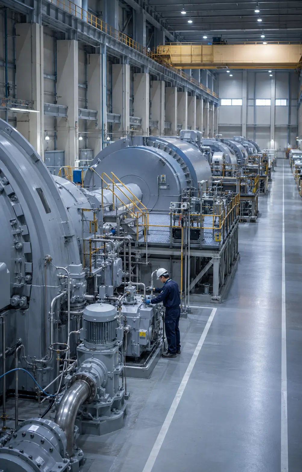 大型タービン・発電設備が並ぶ工場内を確認する技術者