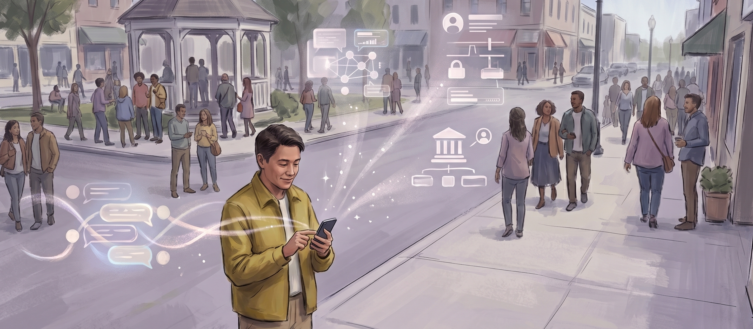 A citizen on a city street engaging with their phone, civic AI overlays around them, community in the background