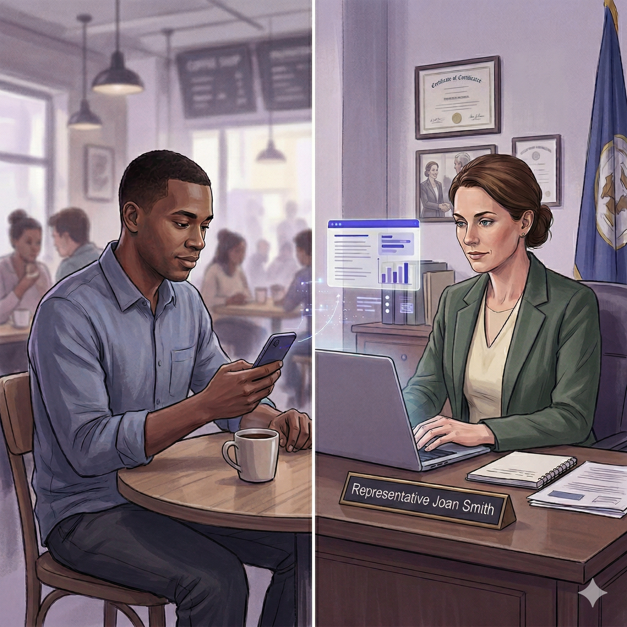 A constituent using his phone at a café while a representative reviews constituent signal on her laptop