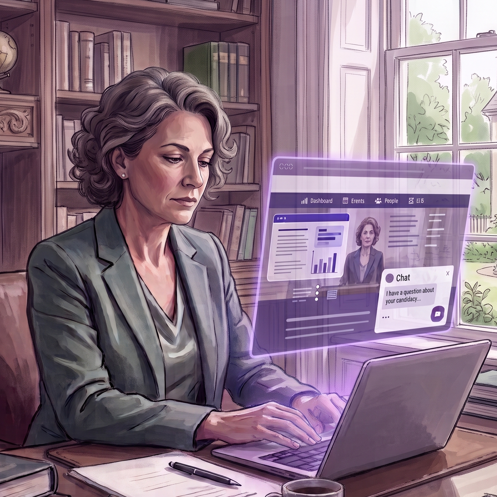 A candidate reviewing her Bridge dashboard at her desk