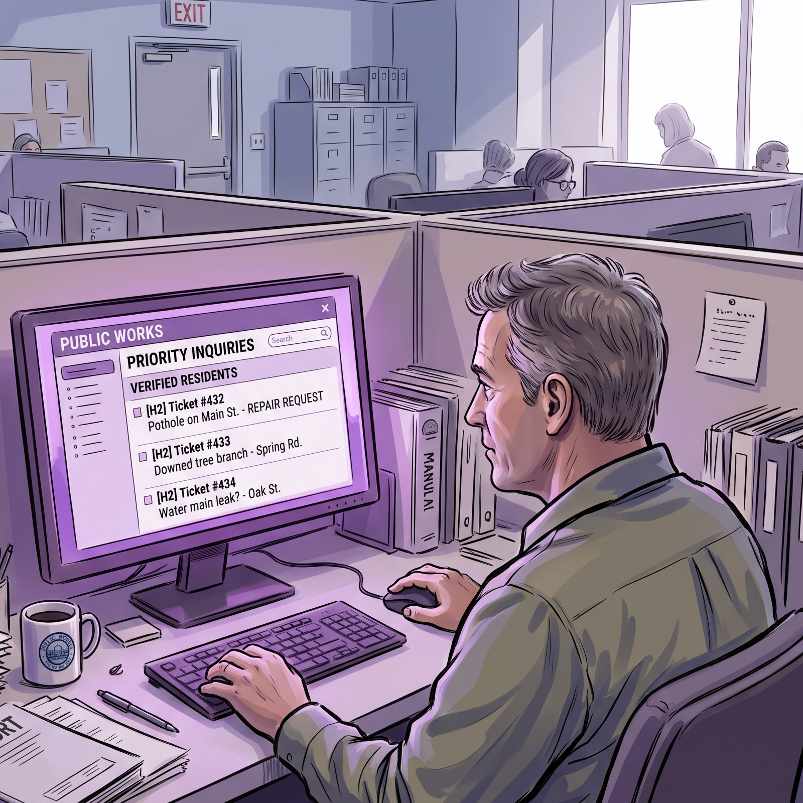 A government worker reviewing prioritized public inquiries on the Bridge platform