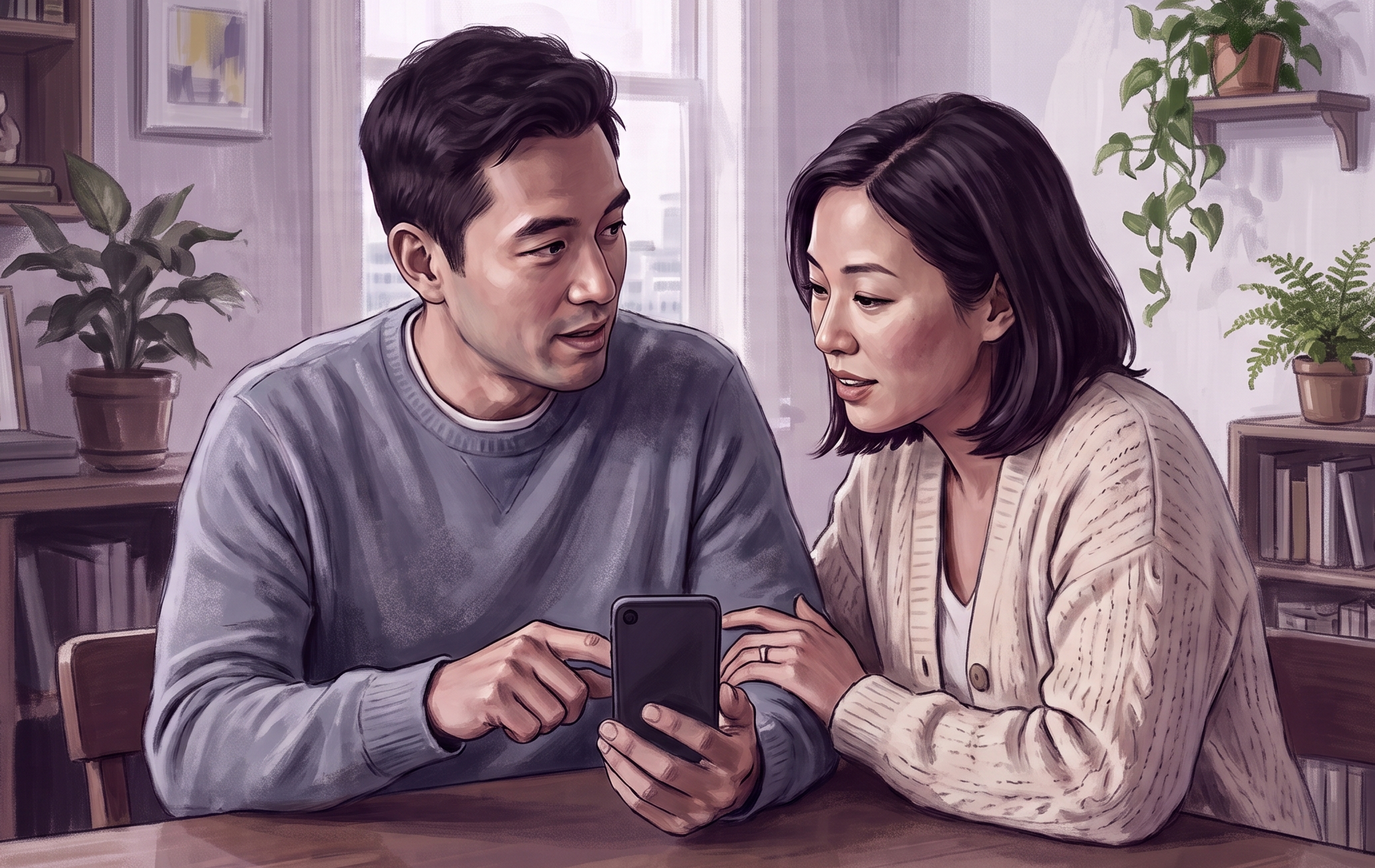 Two citizens looking at SureVoter on a phone together