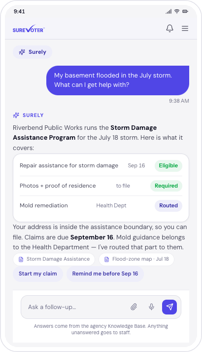 A resident asking Surely about flood assistance — answered from the agency Knowledge Base