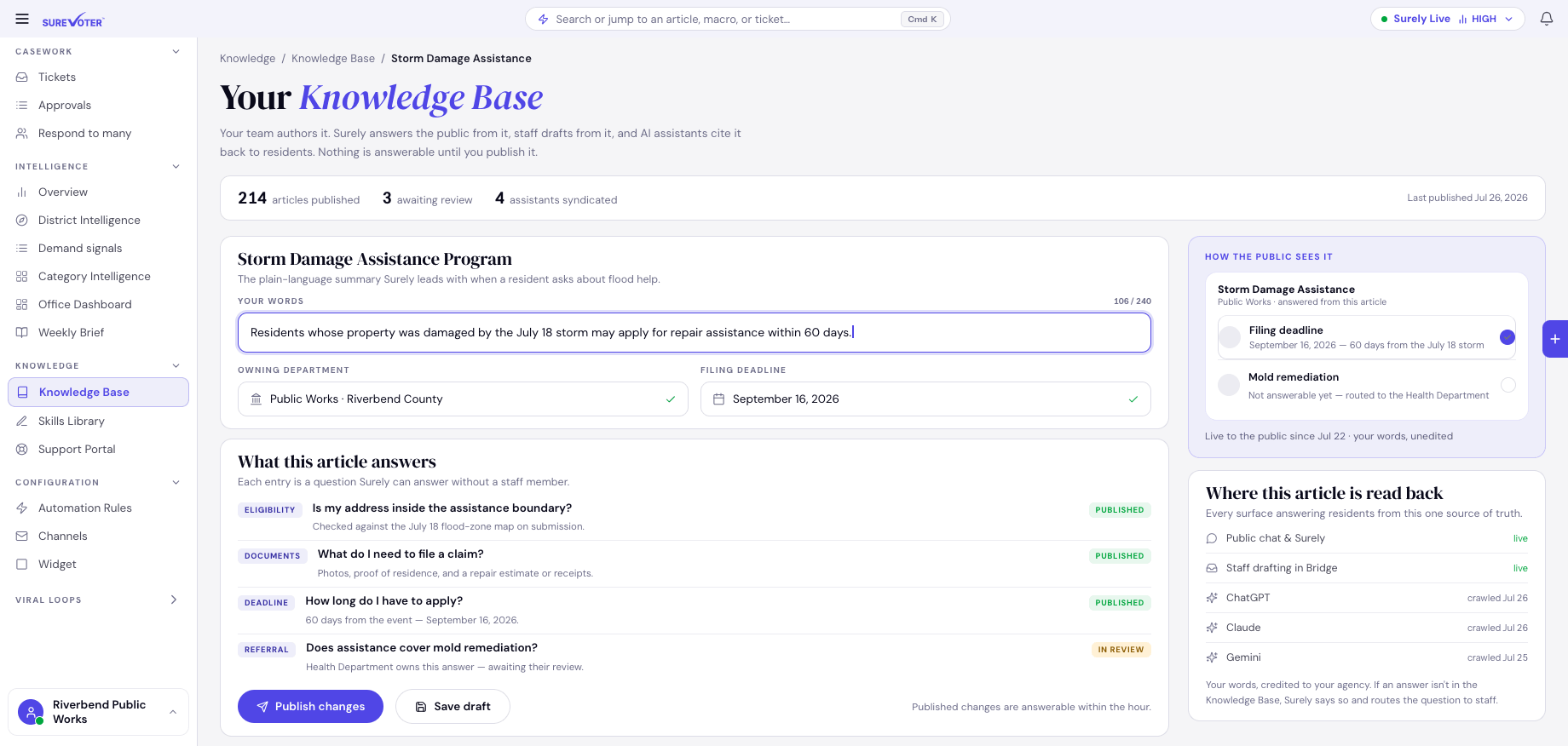Knowledge Base authoring — the Storm Damage Assistance article, eligibility answers, and distribution