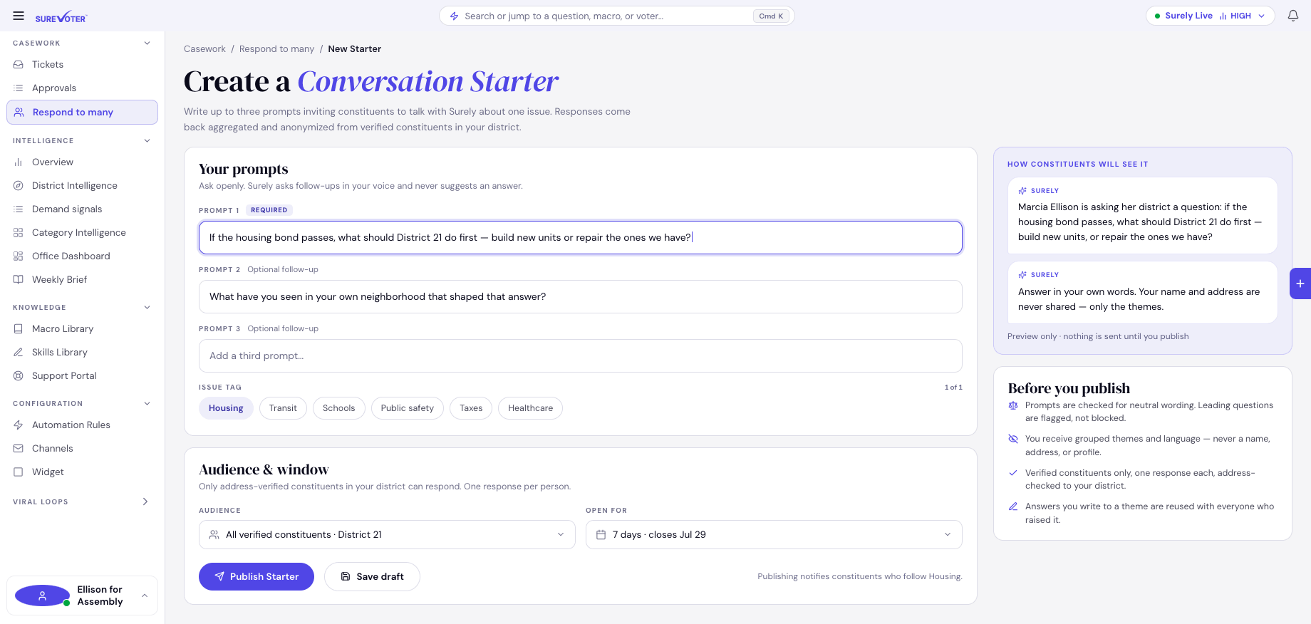 Create a Conversation Starter — prompts, audience, and constituent preview