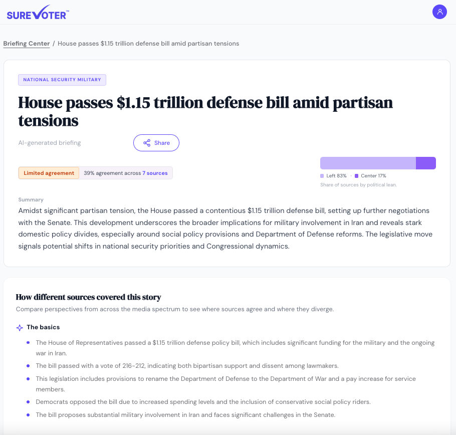 A Lens briefing on a defense bill — AI-generated summary, agreement score, and a breakdown of how sources across the spectrum covered it