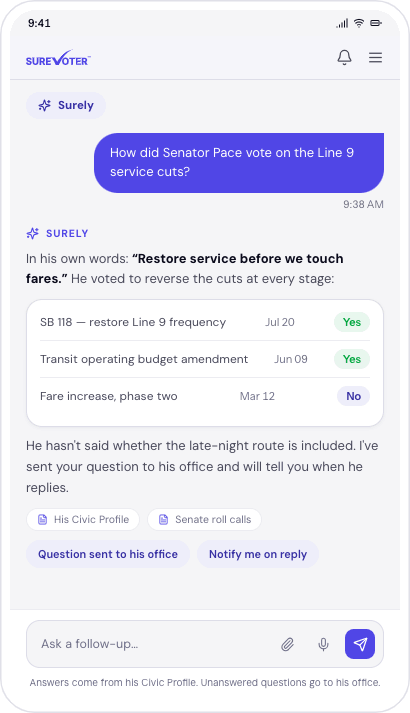 A constituent asking Surely how Senator Pace voted on Line 9 service cuts