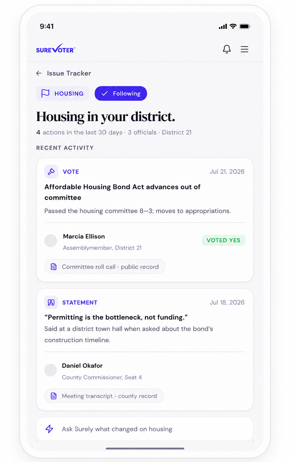 SureVoter Issue Tracker showing legislative updates on housing policy