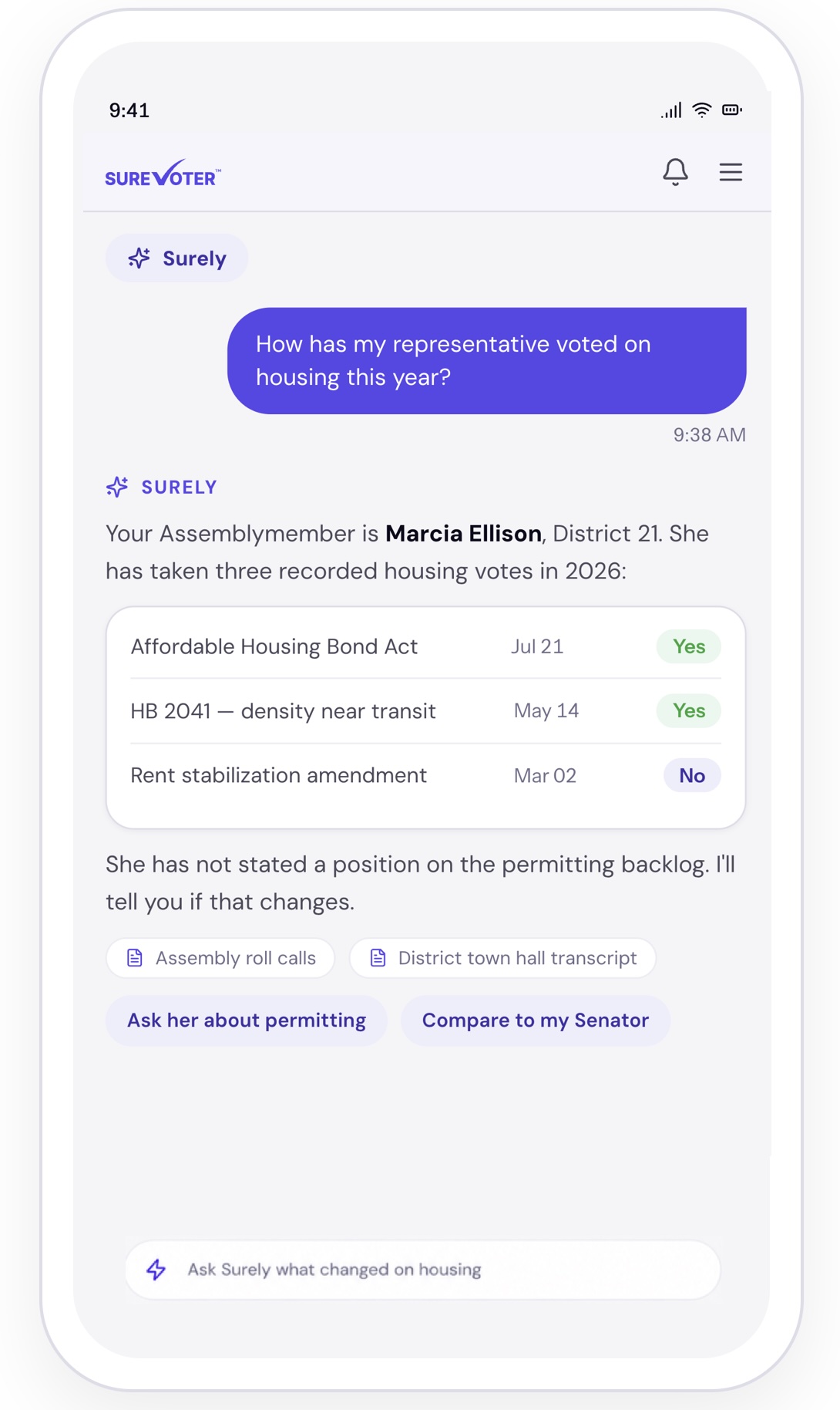 Surely™ civic AI chat interface showing a citizen asking about their state representative