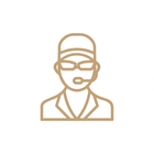 Icon of a customer service representative with headset and glasses inside a circle.
