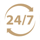 24/7 text with circular arrows indicating continuous, around-the-clock service or availability.