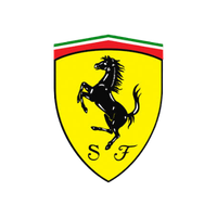 Ferrari logo featuring a black prancing horse on a yellow shield with green, white, and red stripes above.