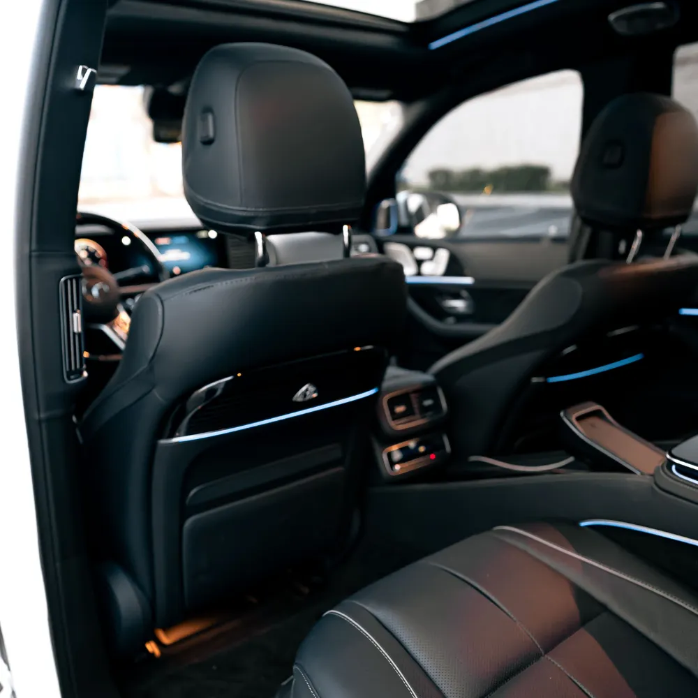 Mercedes-Maybach GLS 600 cabin viewed from the back seat with black leather seats