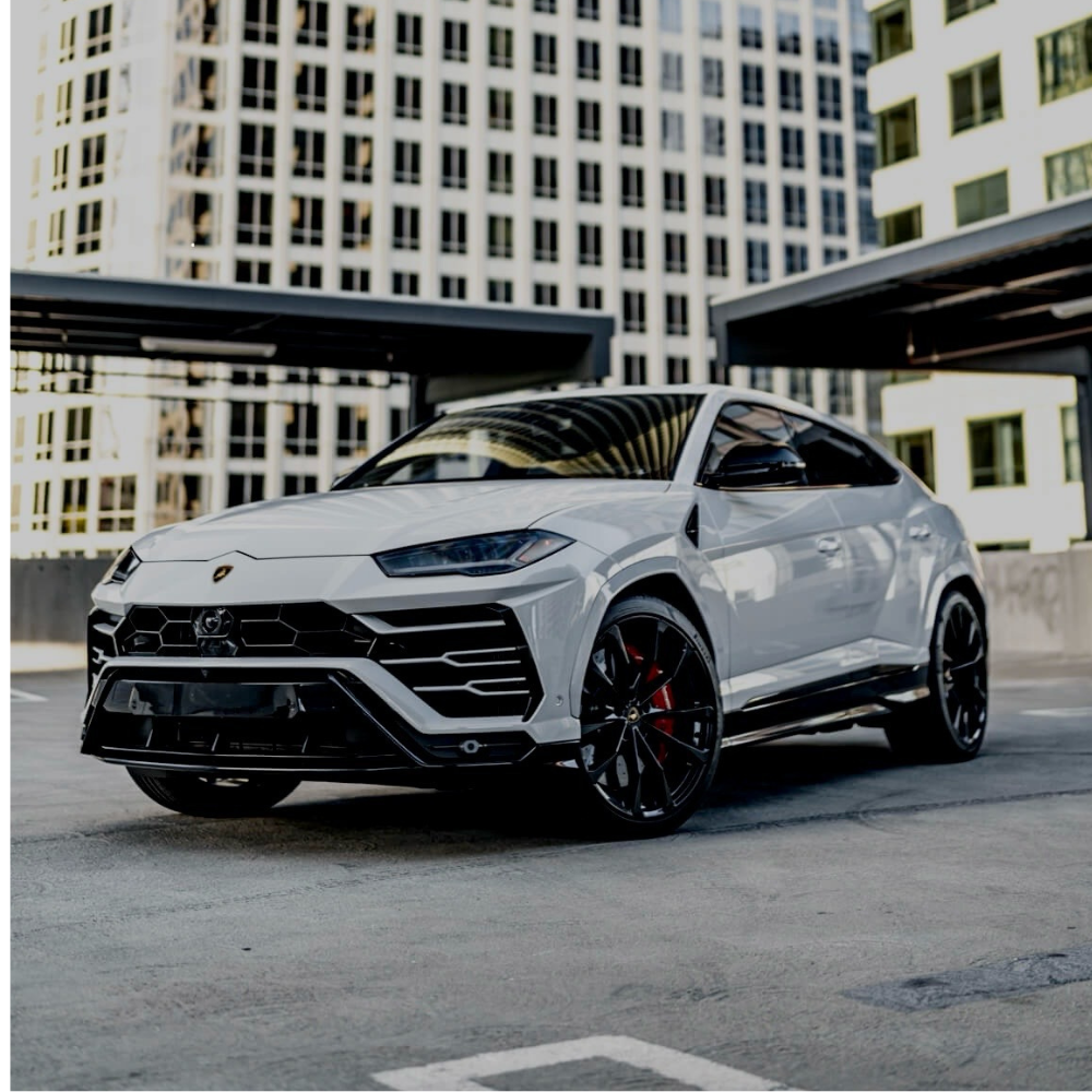 White Lamborghini Urus SUV parked in an urban setting with tall buildings in the background.