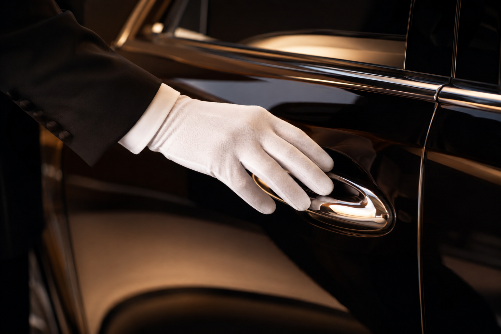 Gloved hand in a tuxedo opening the door of a shiny black luxury car.
