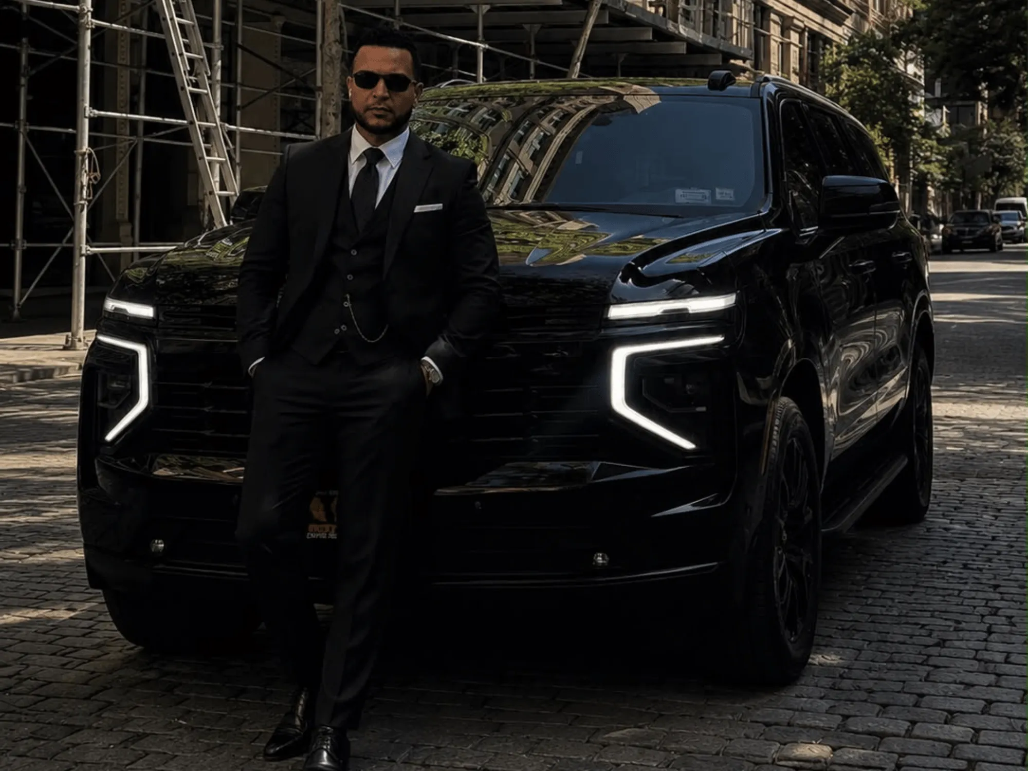 Eduardo Lopez of Stealth Protection in a suit and sunglasses beside a black SUV