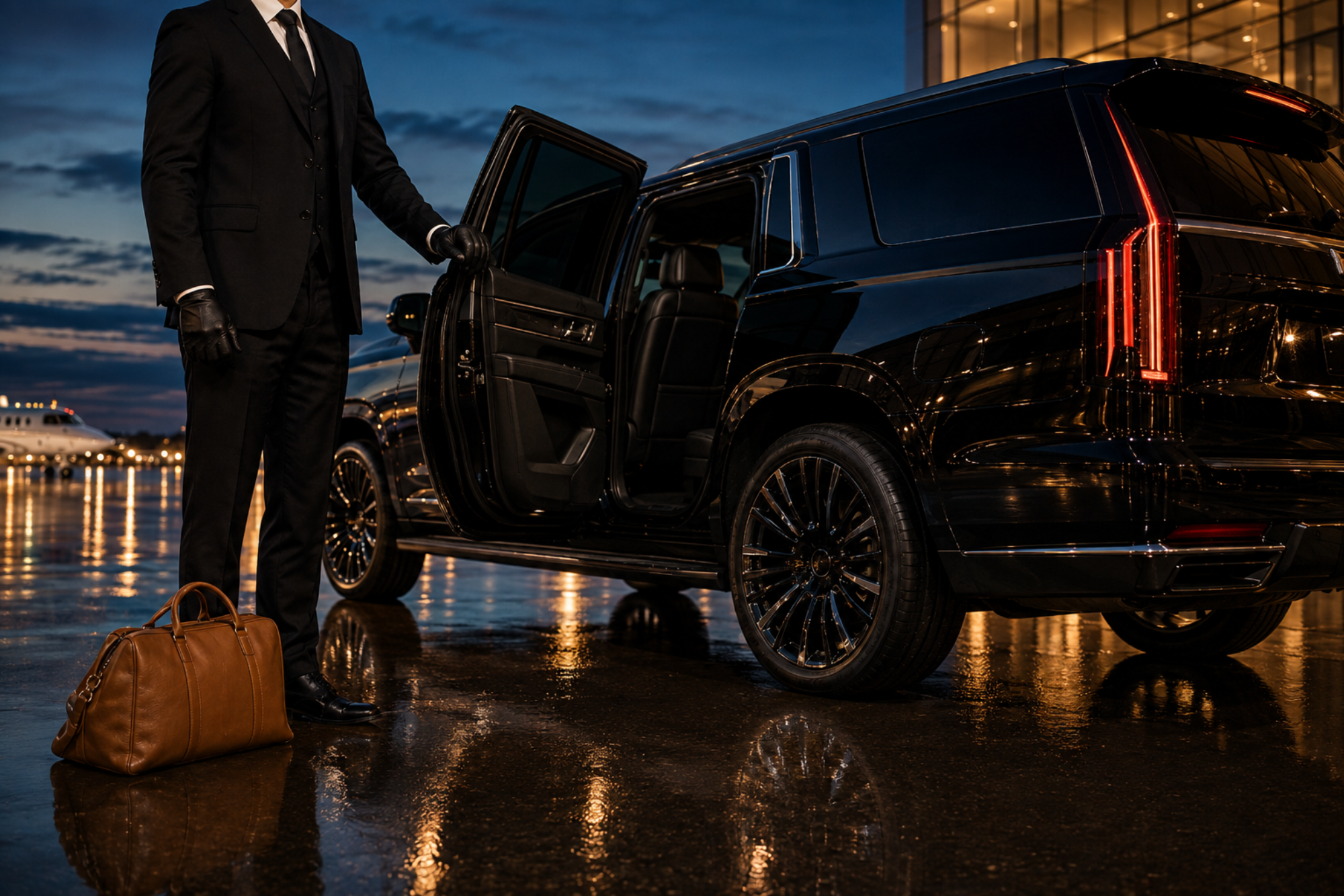 driver opening car door at private airport