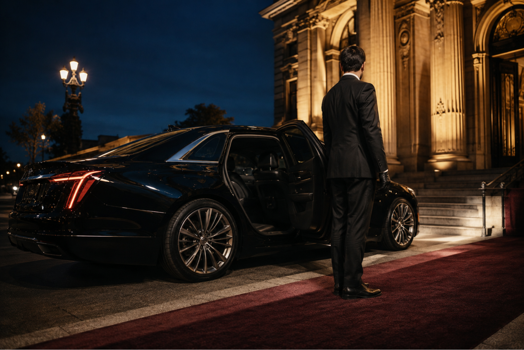 High end events transportation, driving pulling up in an all blacked out car