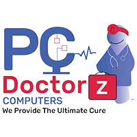 PC DoctorZ Computers logo featuring a computer technician mascot and red repair case