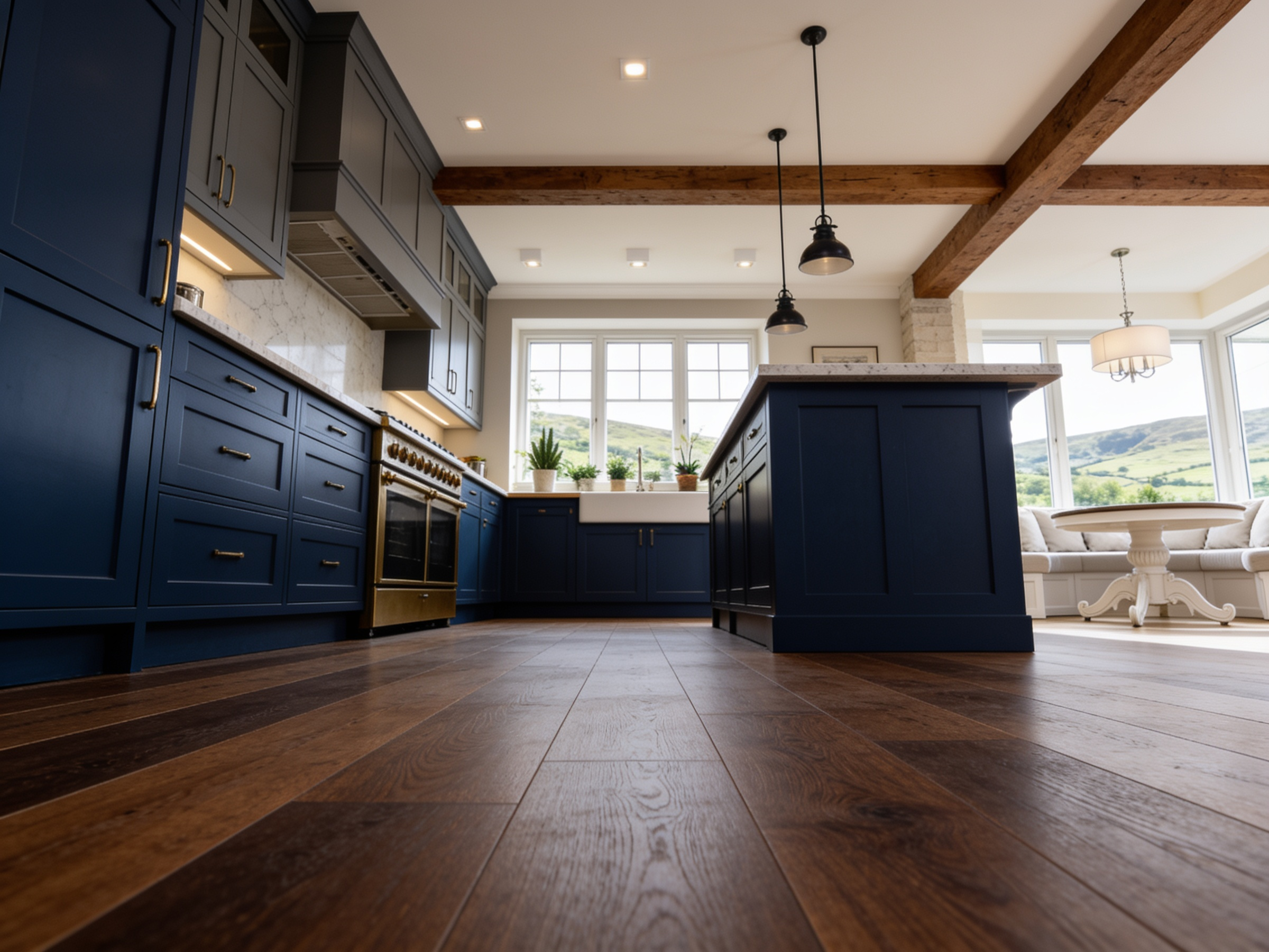 Low-angle view of a modern kitchen with navy blue cabinetry, a central island, wooden floor, exposed ceiling beams, pendant lights, and large windows showing an outdoor green landscape.
