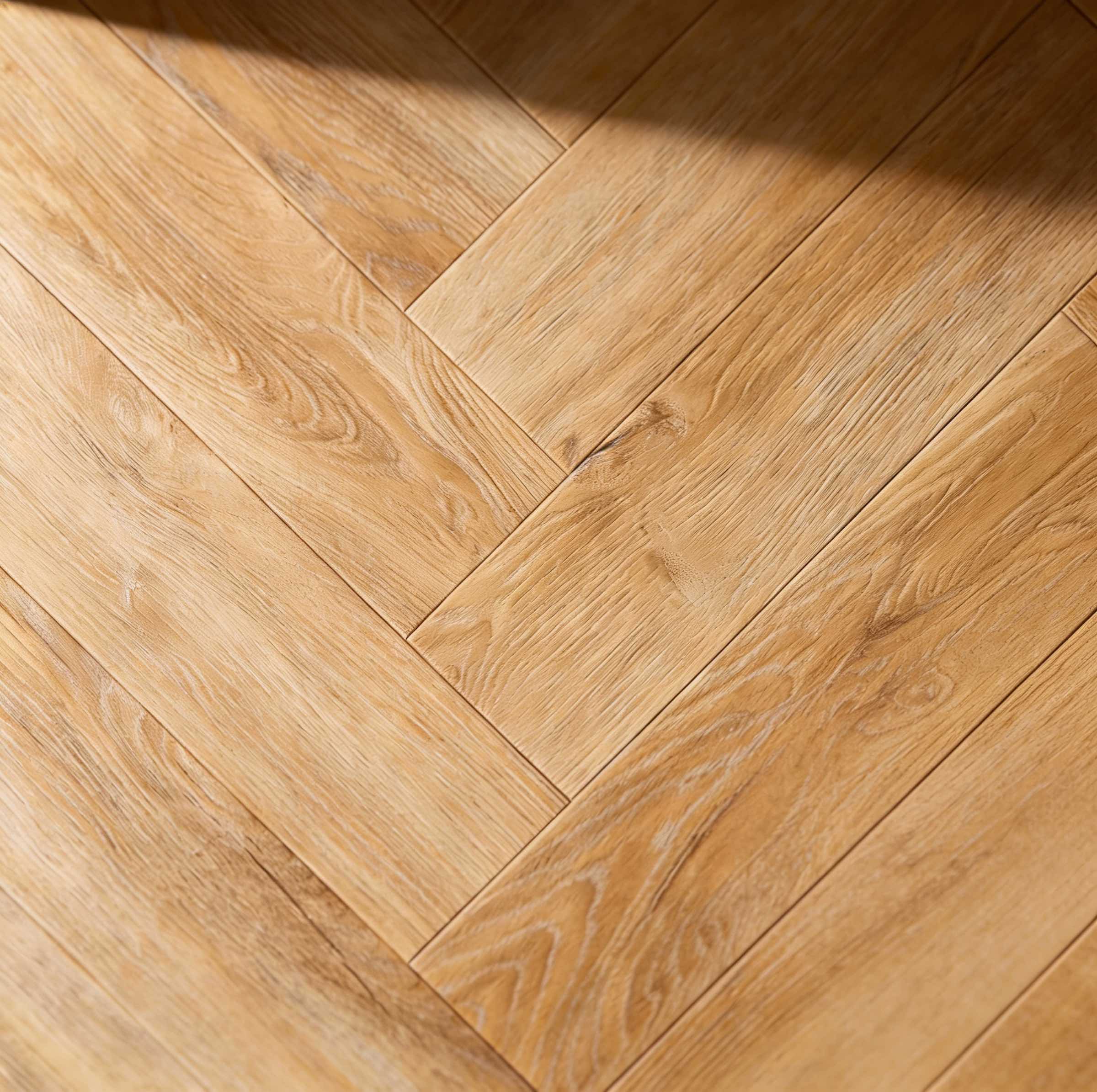 Light brown wood flooring arranged in a classic herringbone pattern with visible wood grain texture and subtle shadows;