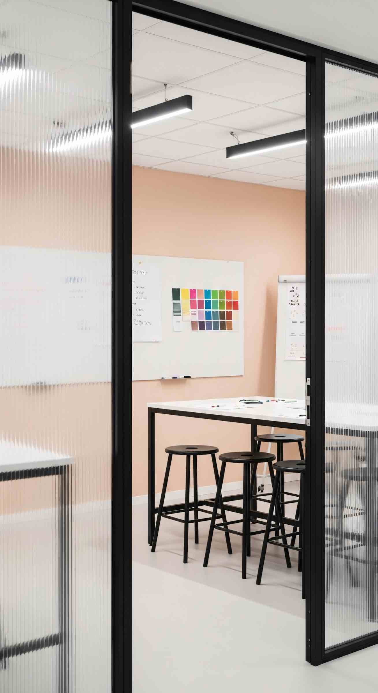 Modern office meeting room with beige walls, a large white table surrounded by black stools, and a whiteboard with color swatches and writing on the wall.