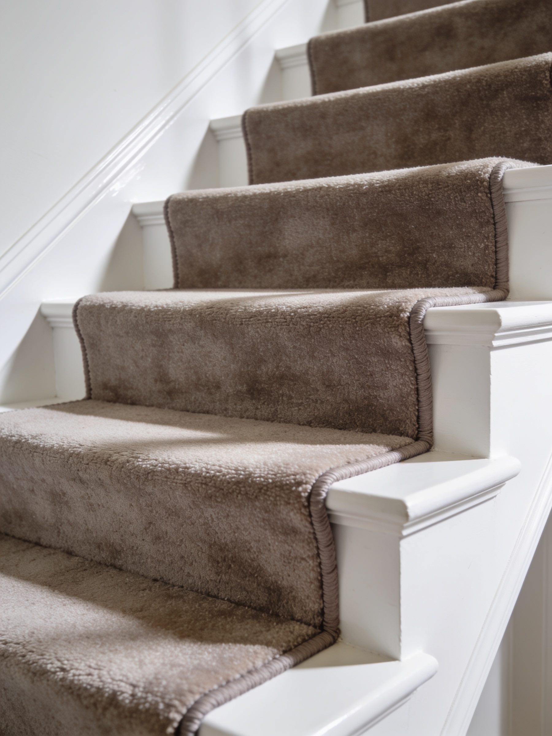 Close-up of carpeted stairs with beige soft carpet runner and white painted wooden sides and trim.