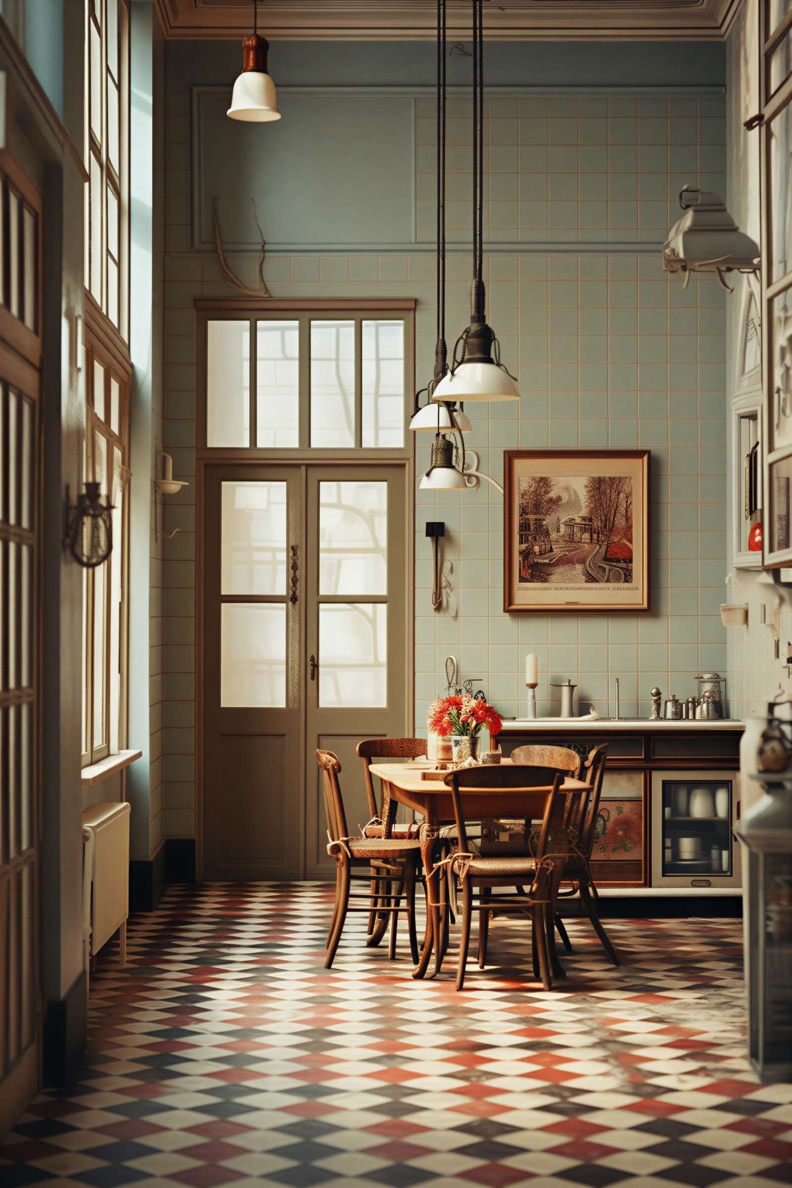 Vintage kitchen with checkered red, white, and black tile floor, wooden dining table with four chairs centered under three hanging pendant lights, blue tiled walls, framed artwork, and large windows and door letting in soft natural light.