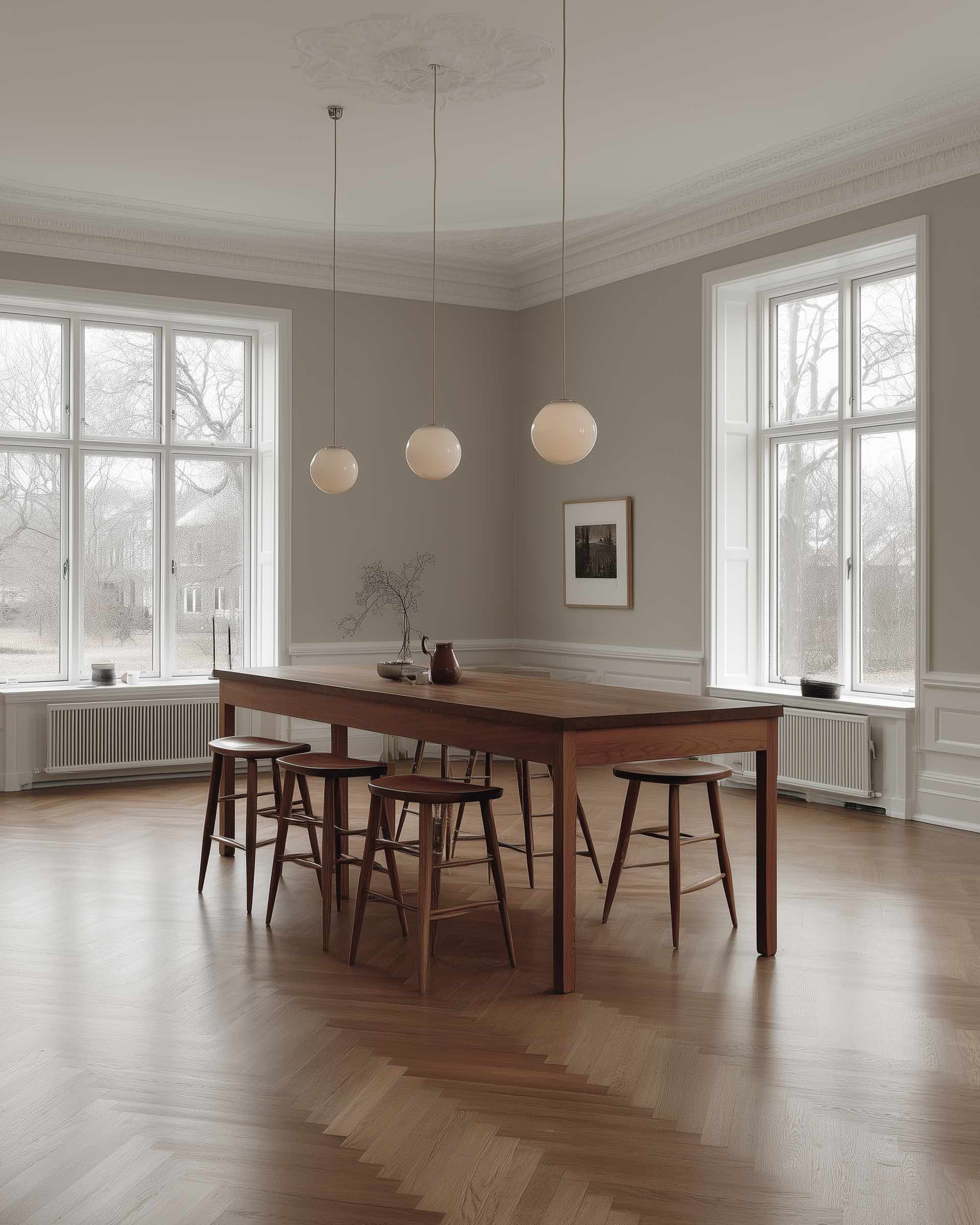 Minimalist Scandinavian dining room with a large wooden table surrounded by six wooden stools, three white globe pendant lights hanging above, light beige walls with white trim, large windows allowing natural light, decorative ceiling molding, and a framed black and white photo on the wall.