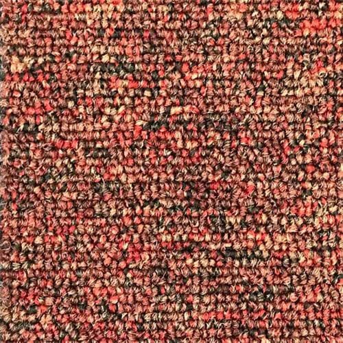 Close-up view of a textured woven fabric with a pattern of tightly looped threads in varying shades of red, brown, and black.