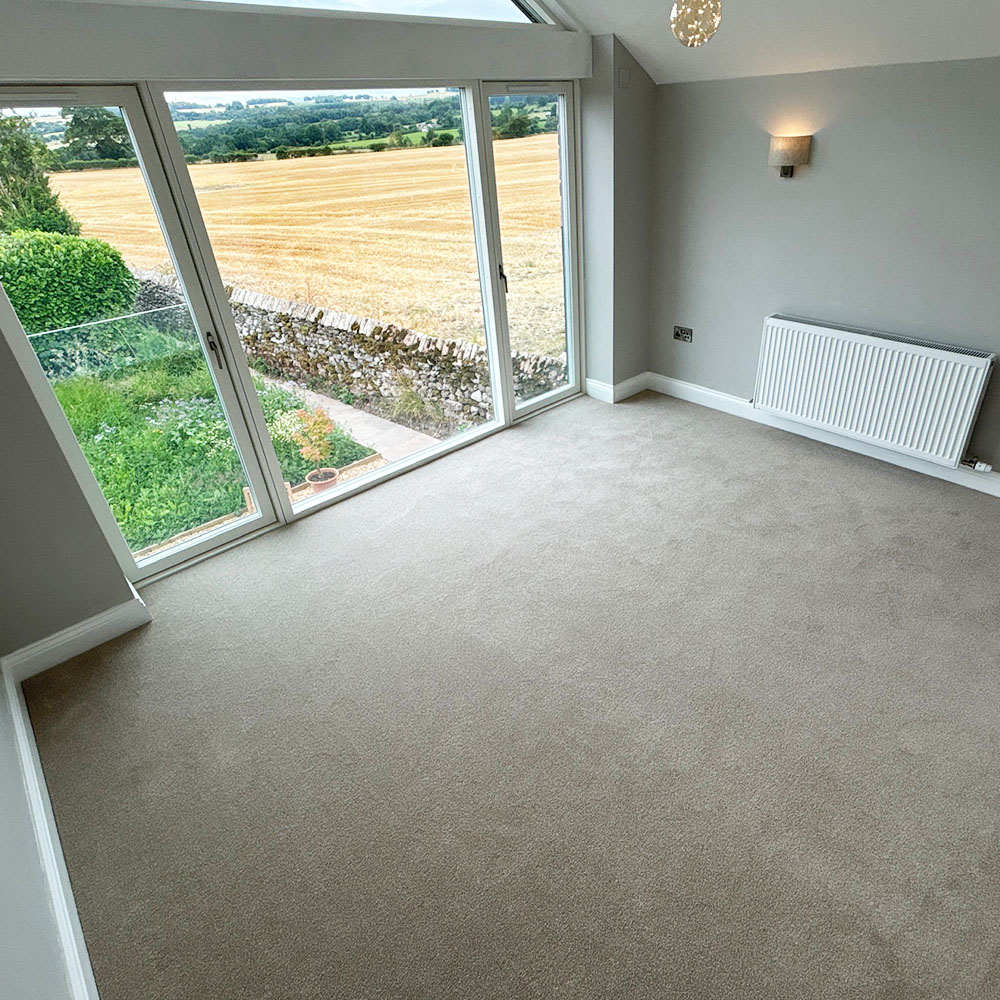 Empty room with beige carpet, light gray walls, wall-mounted radiator, and large sliding glass doors overlooking a stone wall and farmland outside.