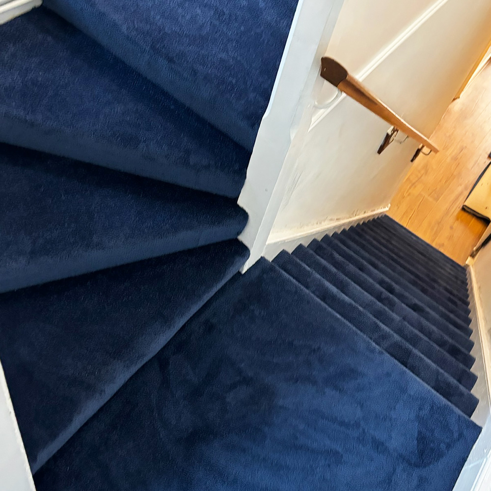 Blue carpeted stairs with a wooden handrail on a white wall, leading down to a hardwood floor landing.