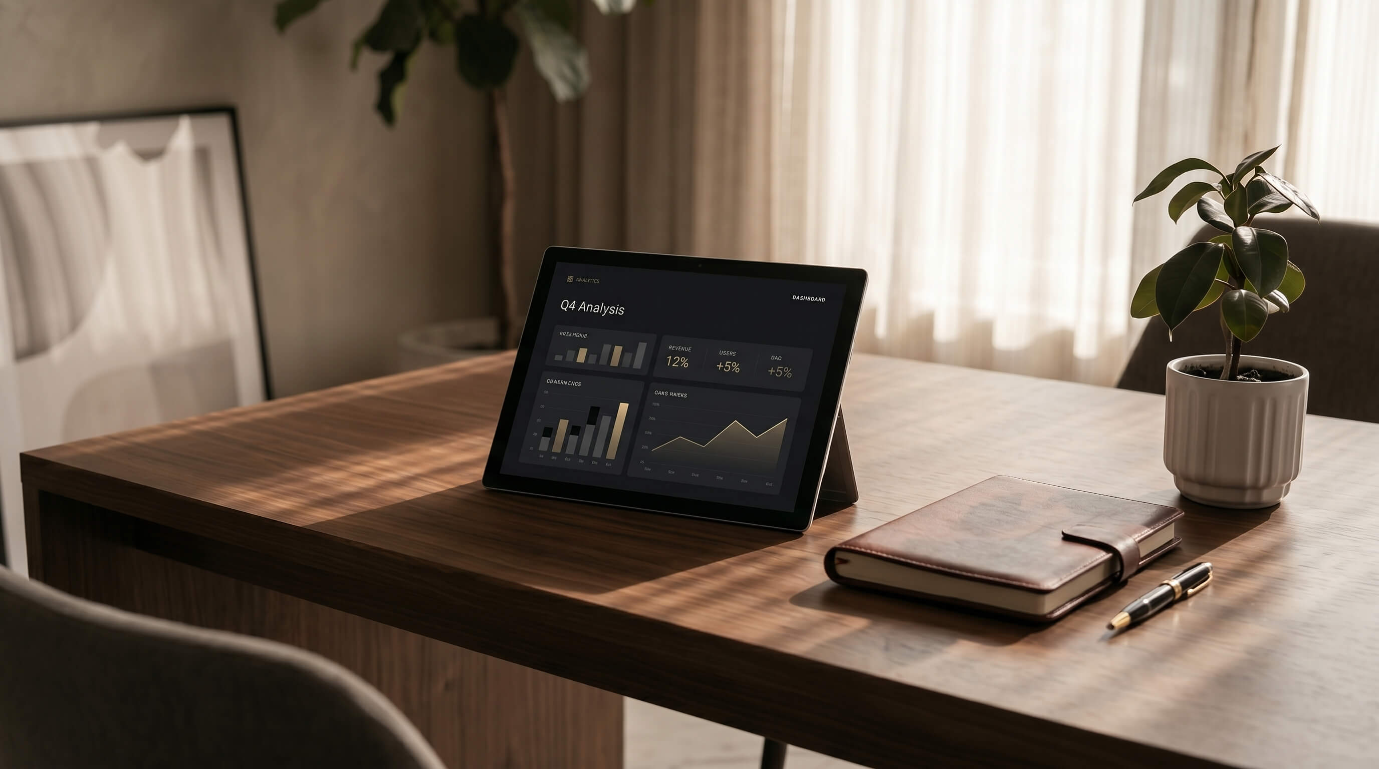 Tablet on a wooden desk displaying Q4 analysis charts, with a closed notebook, pen, and potted plant nearby.