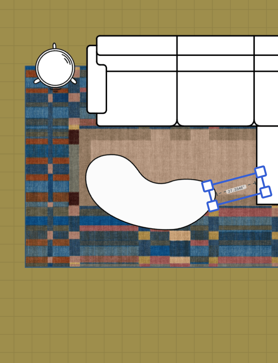 Top-down view of living room layout with sectional sofa, curved coffee table, side table, and patterned rugs.