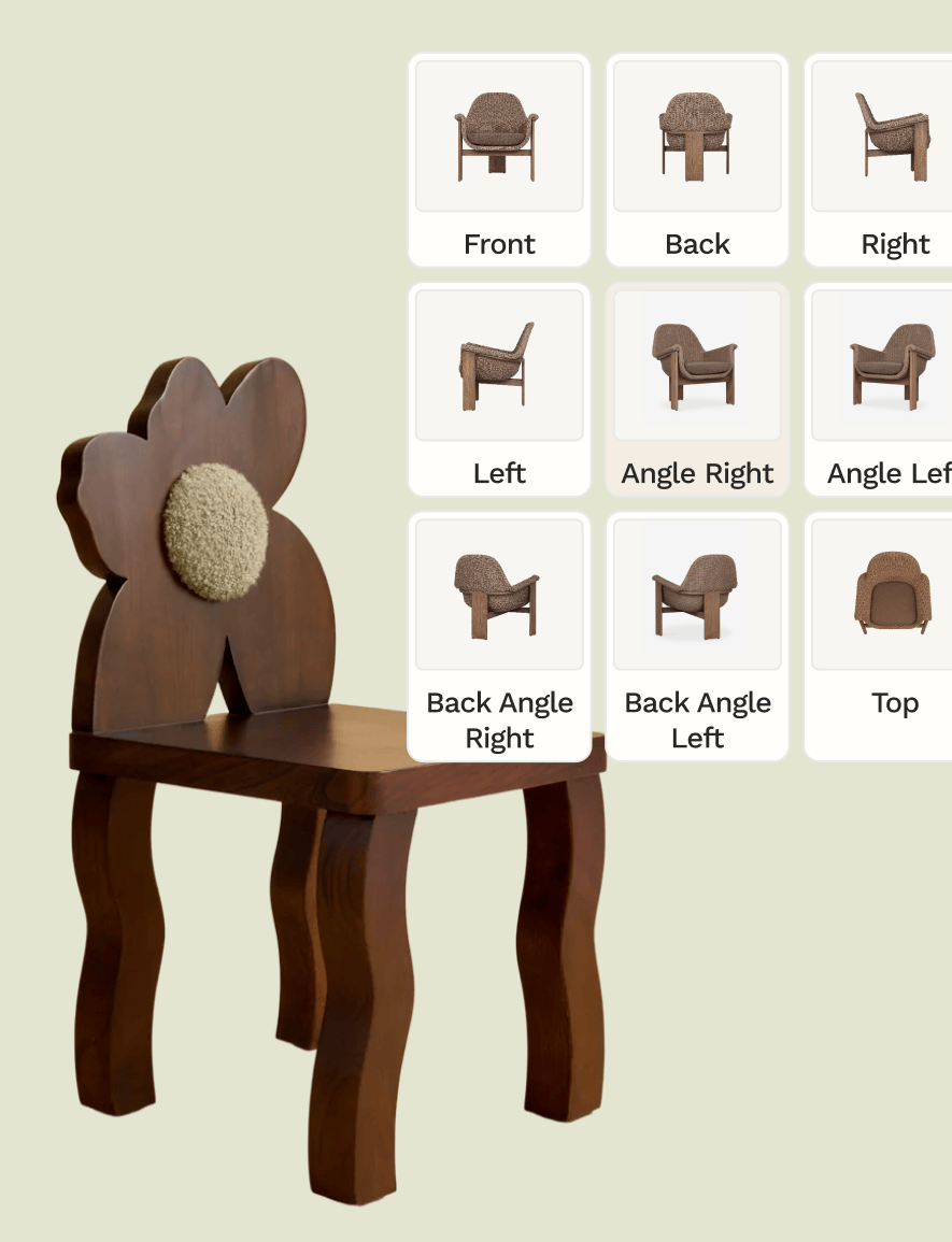 Wooden chair with wavy legs and a flower-shaped backrest with a textured center.
