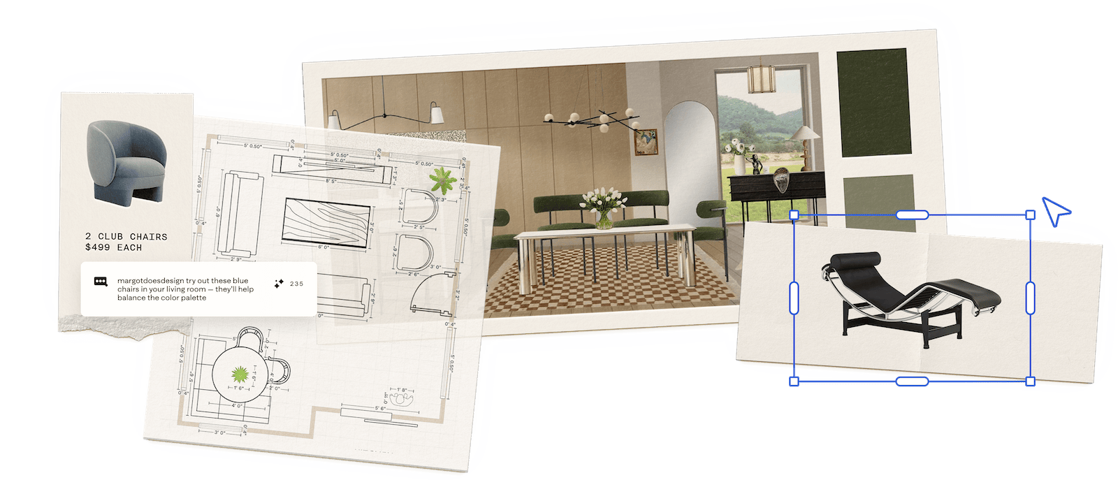 Design collage with floor plans, a modern dining room, blue club chair, and black chaise lounge chair.