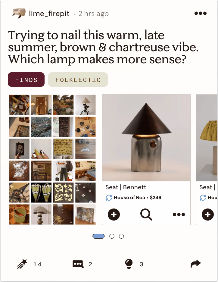 Social media post asking which lamp fits a warm, late summer brown and chartreuse vibe, showing lamp images.