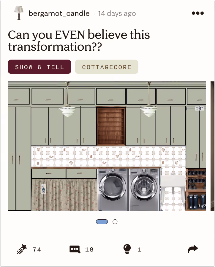 Illustration of a laundry room design with green cabinets, patterned backsplash, washer, dryer, and hanging lights.