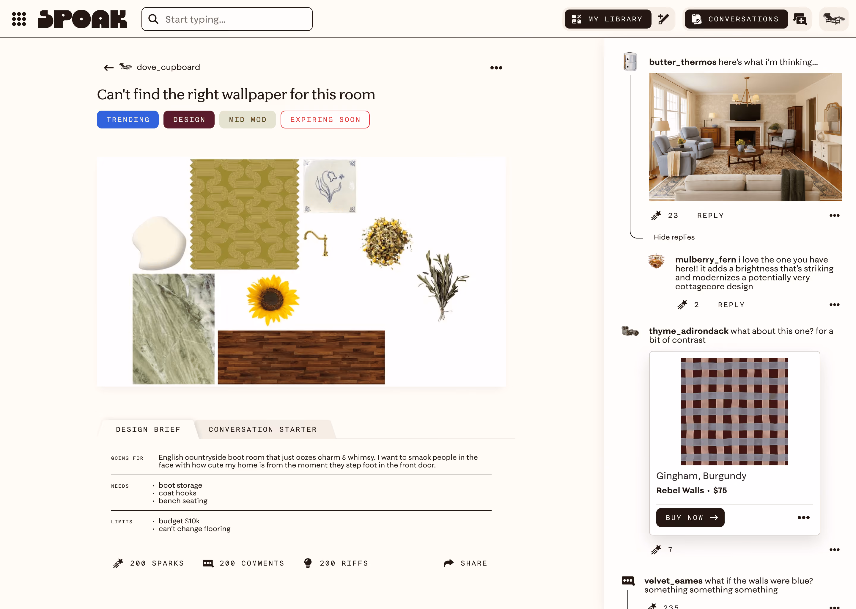 Interior design moodboard with green wallpaper, sunflower, brass faucet, and wood flooring samples.