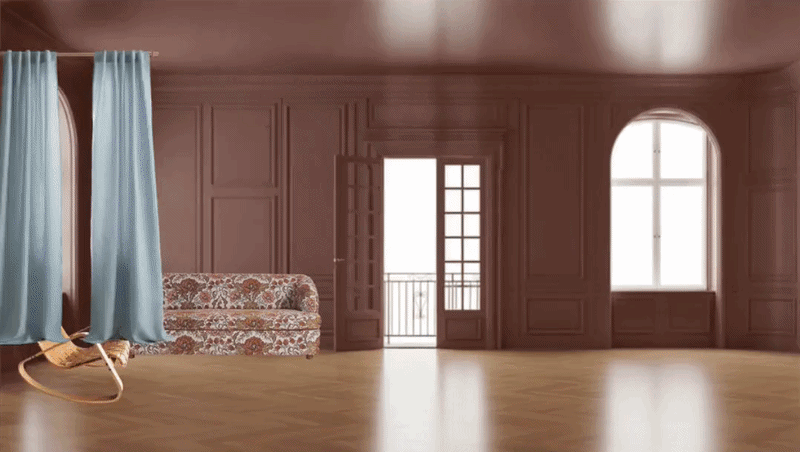 'Making of' timelapse video of a room with brown walls, wooden floor, open double doors, curved window, patterned couch, and rocking chair with curtain.