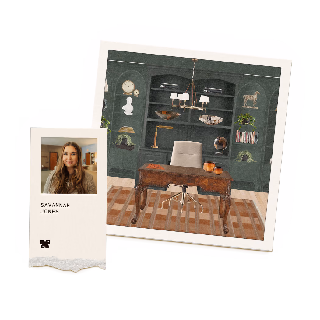 Modern office with dark green built-in shelves, wooden desk, beige chair, and hanging light fixture.