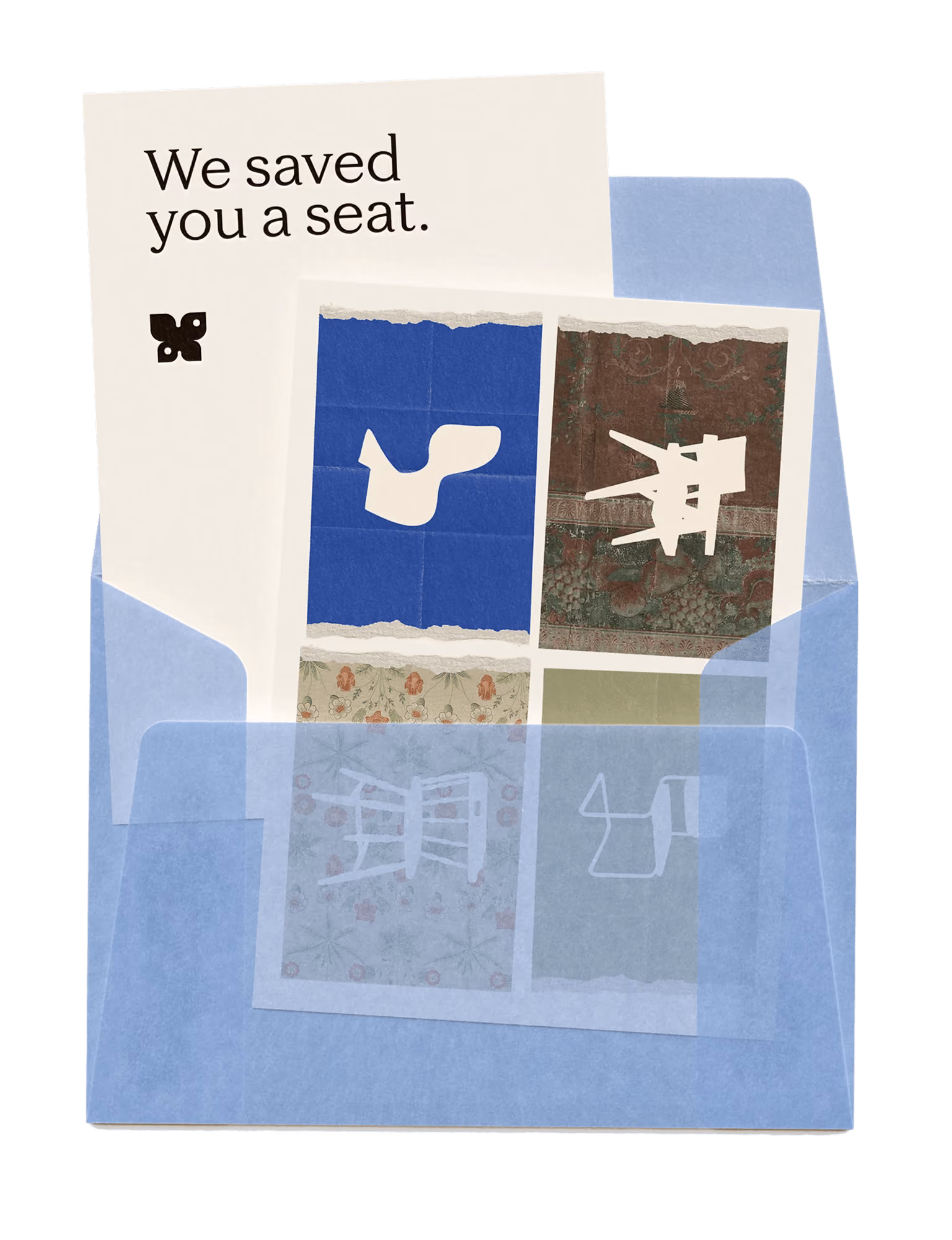 Light blue envelope containing a card that says 'We saved you a seat' and four patterned chair images.