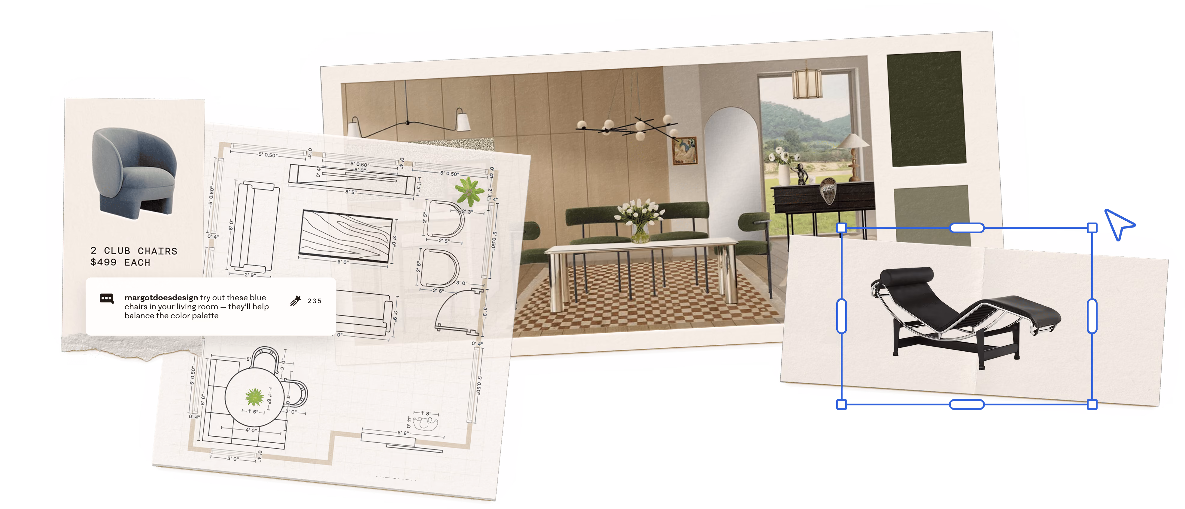 Interior design layout with furniture plan, two blue chairs, and a black lounge chair image.