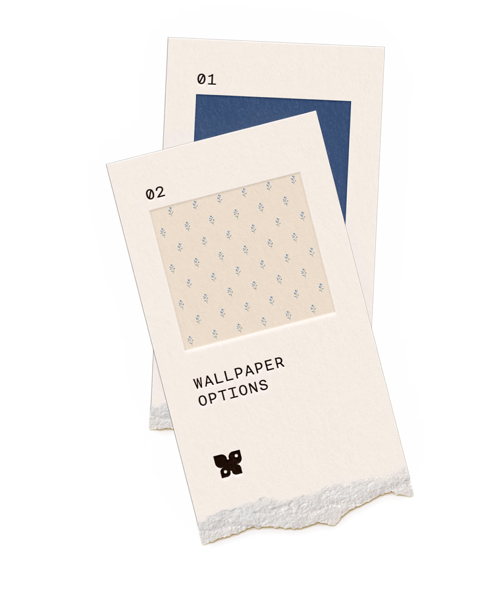 Two wallpaper swatches: one solid dark blue, one light with small blue floral pattern labeled Wallpaper Options.