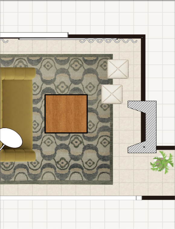 Floor plan outline with furniture laid out in a room.