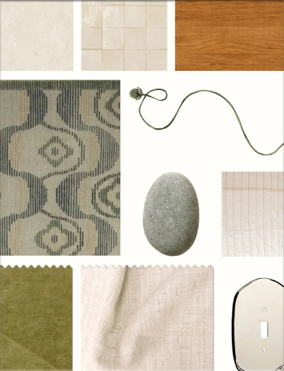 Swatch board of fabrics, tiles and material samples.